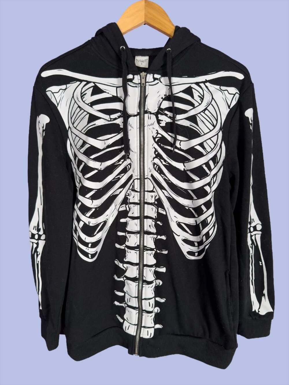Skeleton Print Full Zip Hooded Sweatshirt Black Hoodie Spirit Halloween Small